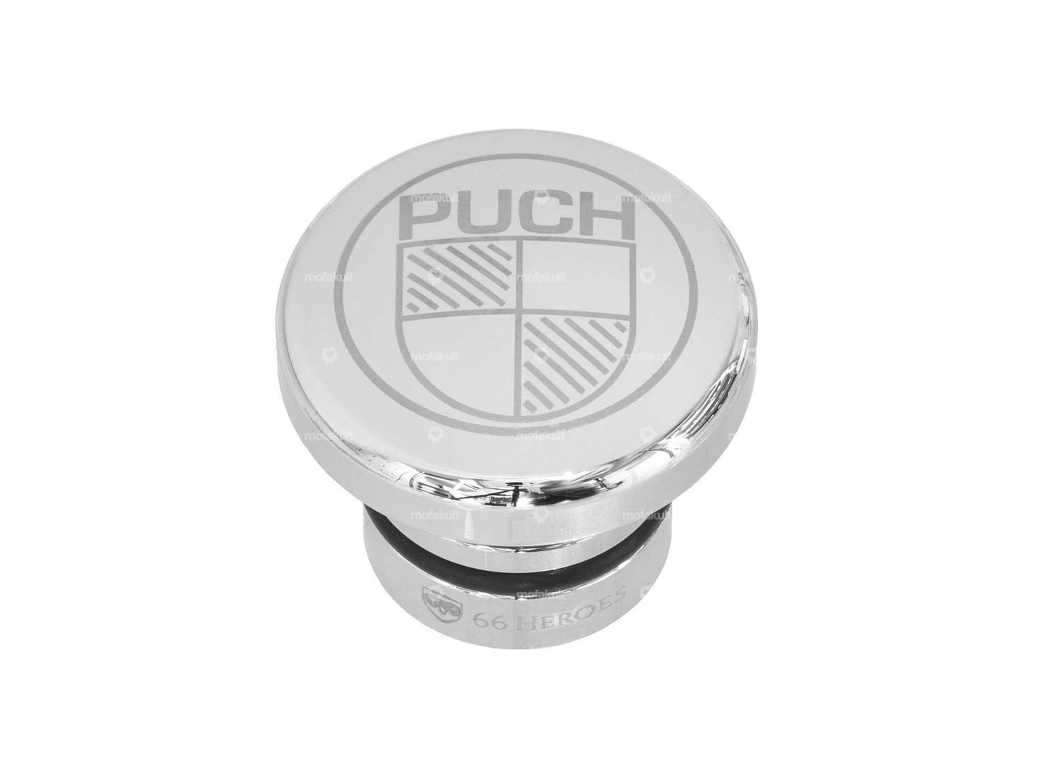 66HEROES Tank cap "Puch" round aluminum chrome | Puch Maxi Carousel Image 1
